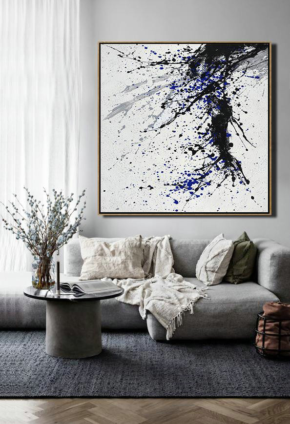 Original Painting Hand Made Large Abstract Art,Minimalist Drip Painting On Canvas, Black, White, Grey, Blue,Abstract Art Decor,Contemporary Painting #Y9X5